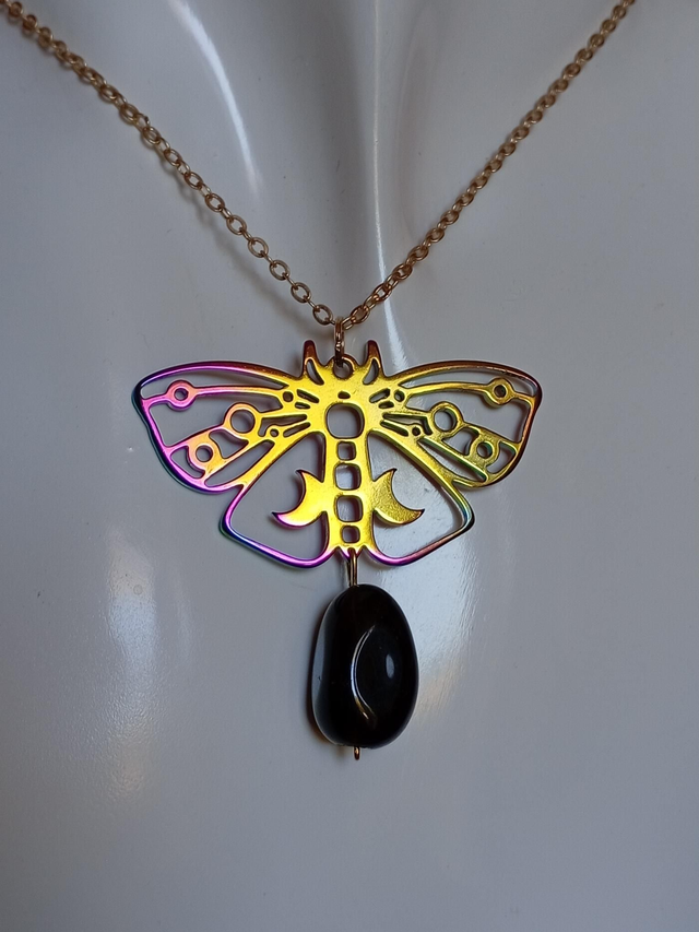 Dark Smokey Quartz bead and Iridescent Moth Gold Necklace 