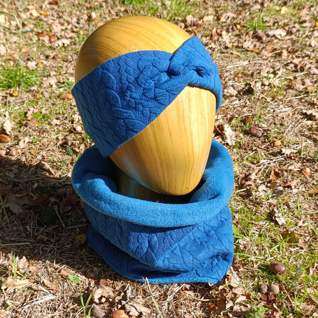 Ensemble snood + bandeau / Bleu canard torsades