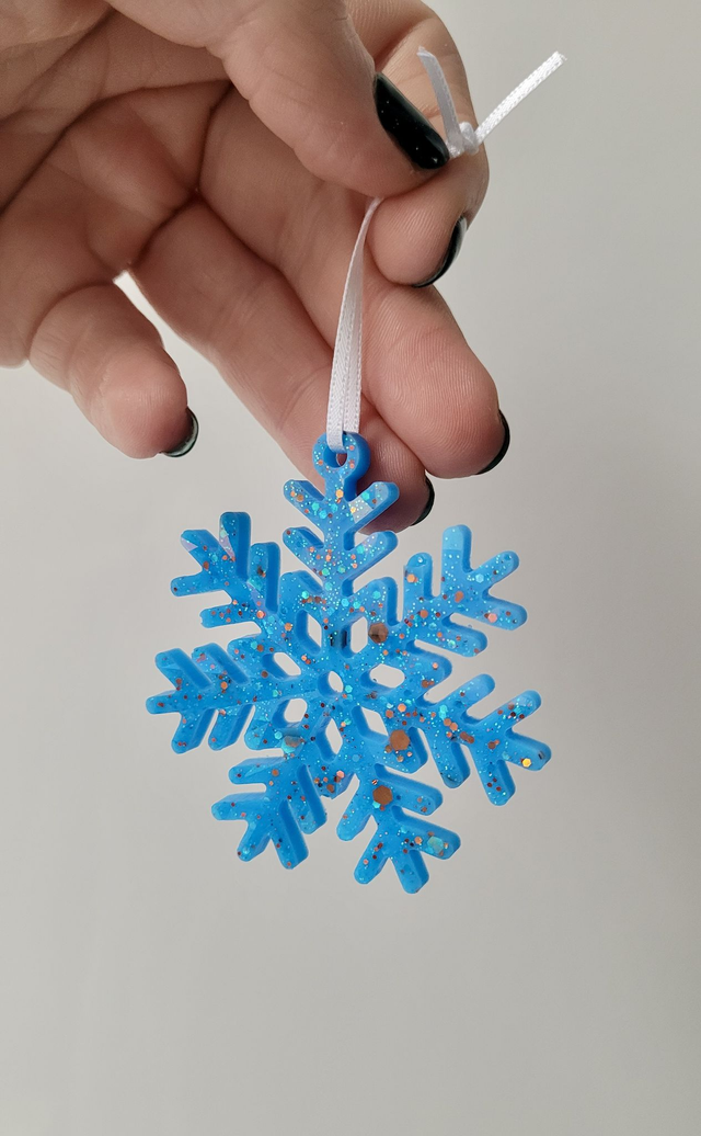 Blue and Copper Glitter Snowflake Ornament – Handmade Resin Christmas Bauble
