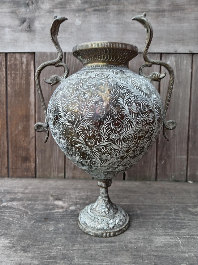 Vintage Indian Brass vase with Cobra snake handles 
