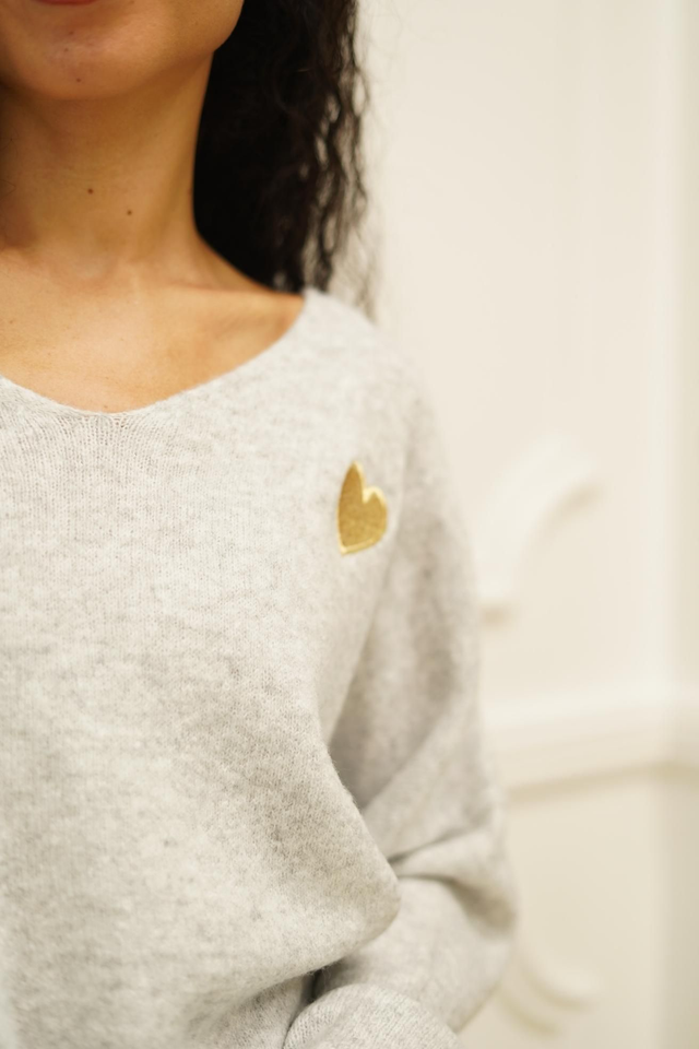 Pull Oversize Coeur brodé - Gris clair chiné 