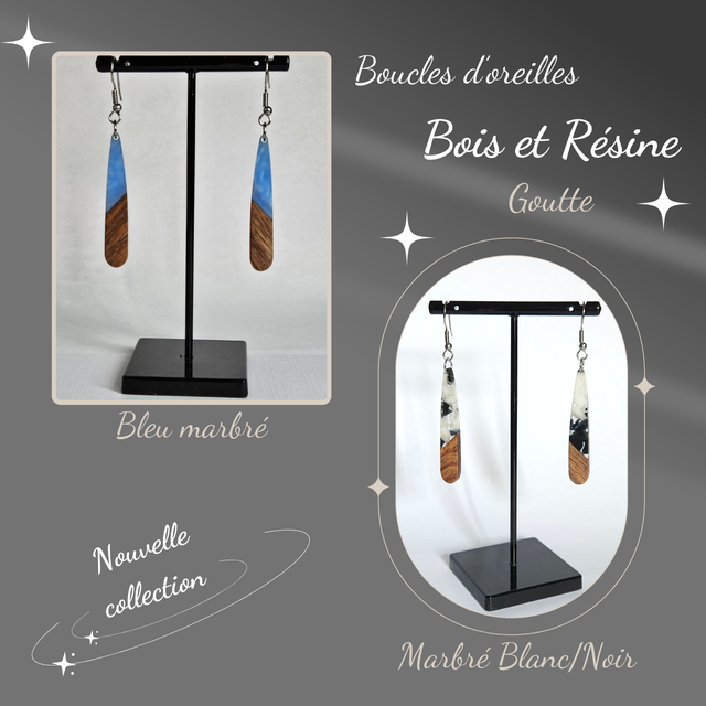 Boucles d&#039;oreilles BLEU marbré ou MARBRE blanc/noir en Bois &amp; Résine
