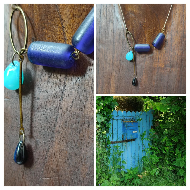 Collier asymétrique, verre trempé bleu marine et goutte en verre turquoise et noire, monté sur fil de lin réglable, pièce unique 