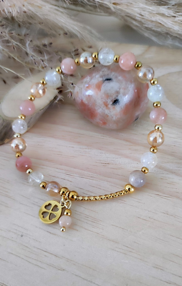 Bracelet "Optimisme" Pierre de Soleil, Citrine et Quartz Aura