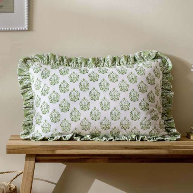 Krissa Block Printed Velvet Cushion Green