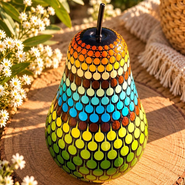 Poire décorative en bois – Pointillisme aux couleurs lumineuses