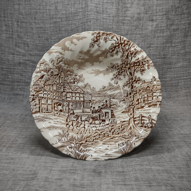 Myott | Schaal Kom Fruitschaal Saladeschaal (diameter 21,0 cm | hoogte 7,0 cm) met ‘Coaching Days’ motief in bruine kleur | Vintage