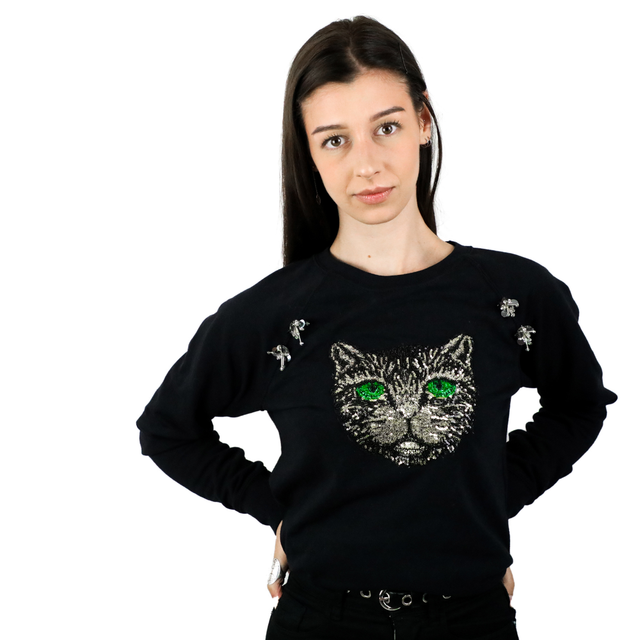 Sweat en Coton Noir avec Appliques de Chat et Lapin Vous Êtes En Retard Pour Le Thé