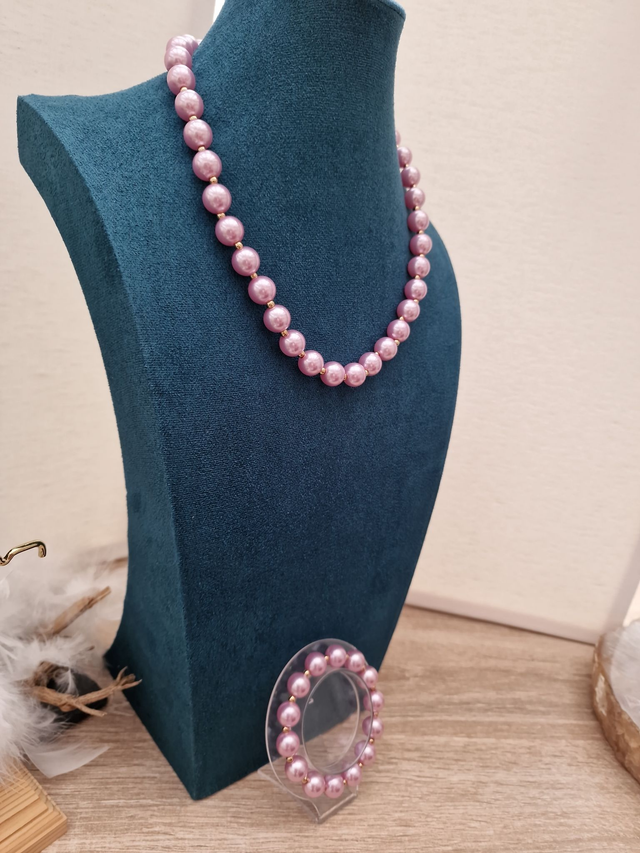 Parure Collier Bracelet De Perles Rose Lila Doré