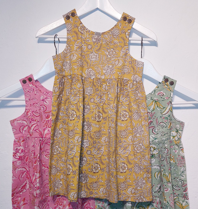 Robe d'été - Fille 6-7 ans - 3 couleurs - Coton indien léger imprimé à la main - Motif floral  
