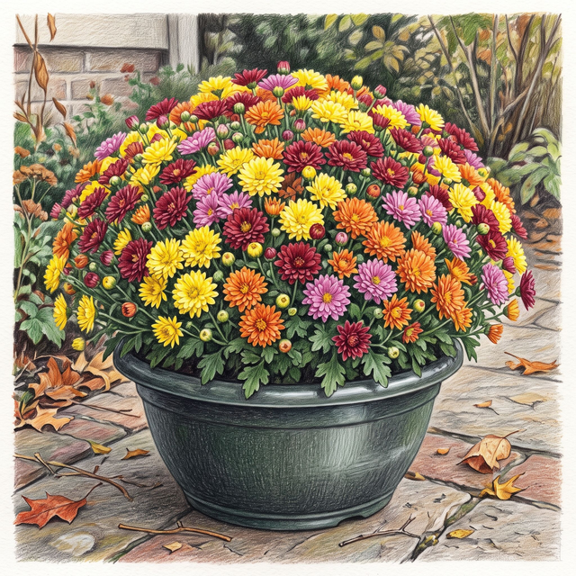 Chrysanthème Pomponette « Carnaval » — Coupe multicolore festive