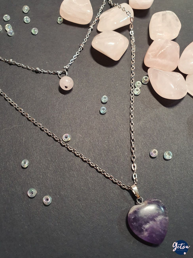 Collier double coeur améthyste et quartz rose