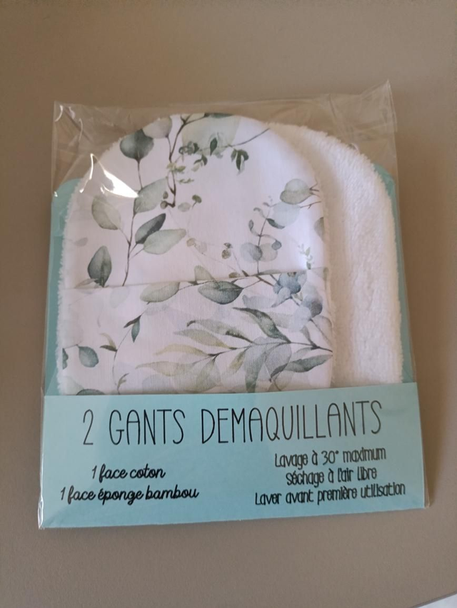 Débarbouillettes par 2 en coton imprimé eucalyptus et éponge de bambou blanc