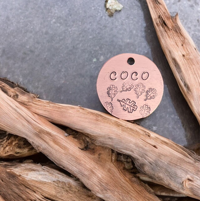 Oak Leaf themed personalised pet ID tag