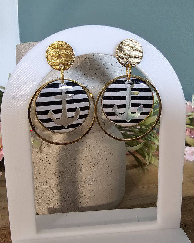 Clous d&#039;oreilles 20mm OR DOUBLE -&quot;Un Cœur à la Mer&quot; — L&#039;élégance au rythme des vagues-ancre noir