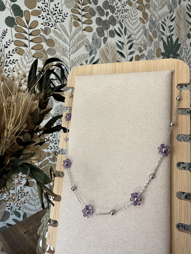 Collier Fleurs en Améthyste sur Chaine en inox argentée