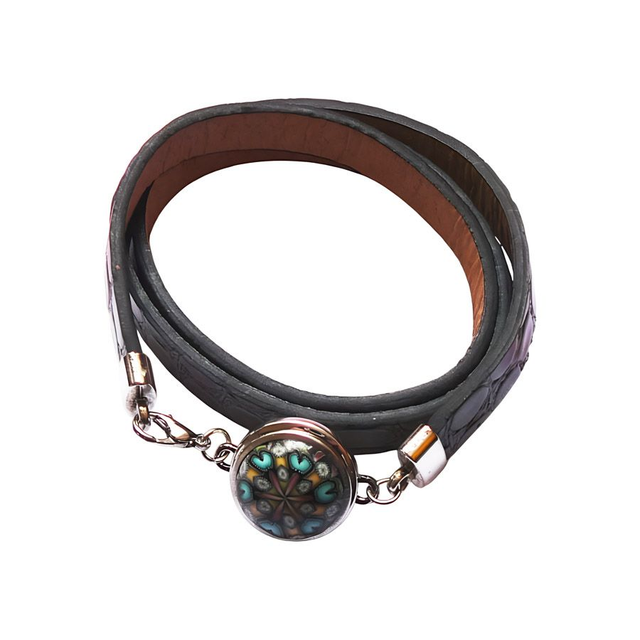 Bracelet homme femme simili cuir croco gris mandala bleu jaune