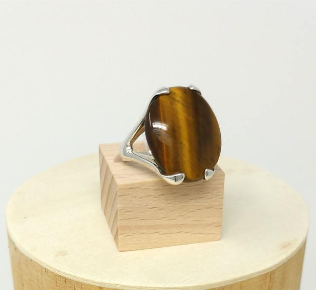 Bague pour femme cabochon en oeil de tigre ovale taille 52 - 92001