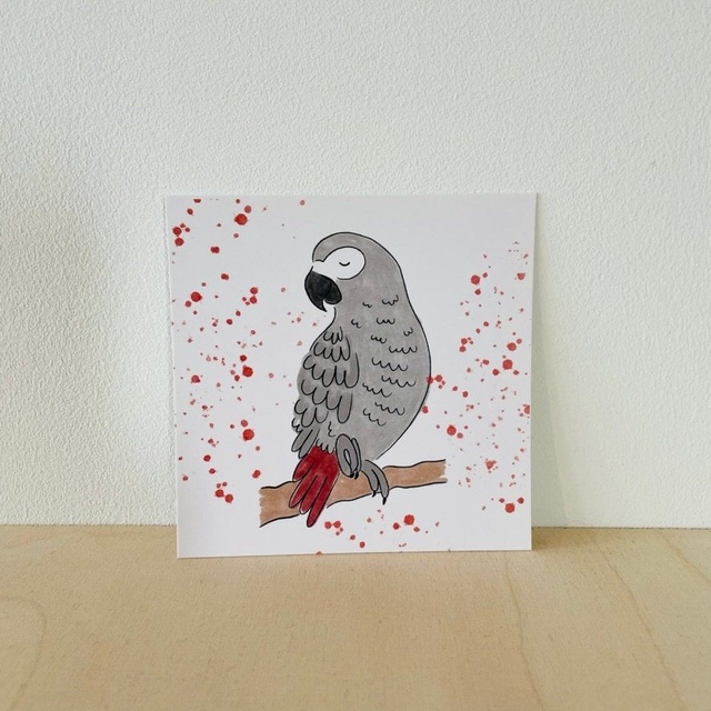 Kleine kaart grijze roodstaart papegaai, 10 x 10 cm