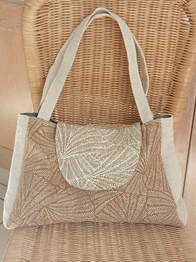  Sac besace tissu jacquard Thévenon moutarde à feuillage écru jute et lin doublé