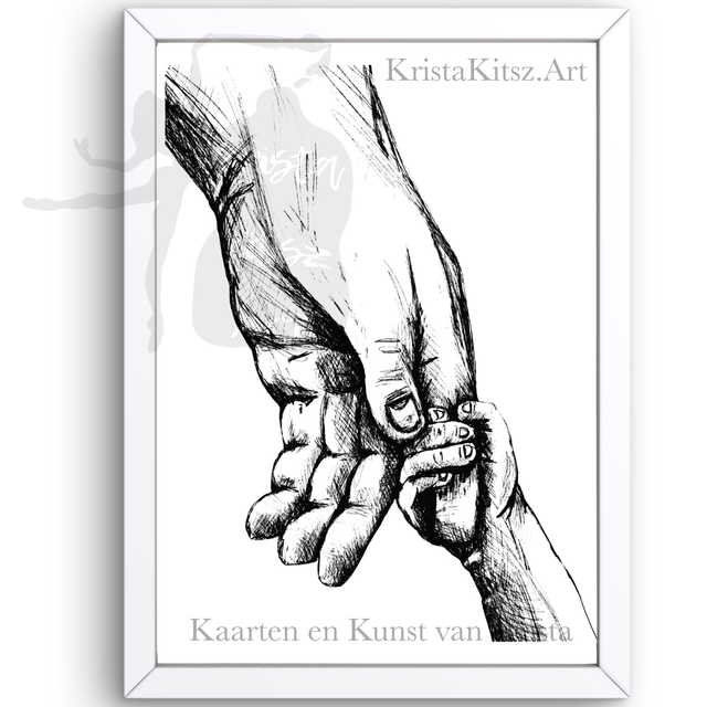 Kinder handje vasthouden, tekenkunst, mooie print zwart wit |  tekening met pen Krista Kitsz 