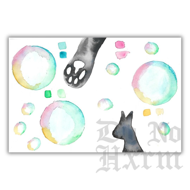 'Bubbles' Black Cat Watercolour Art Print (6x4)