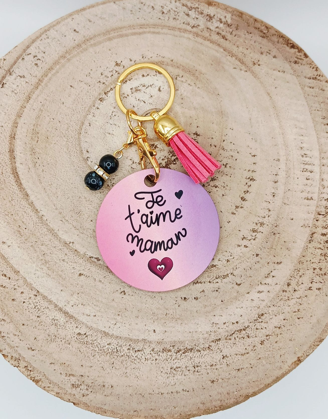 Porte-clé en MDF (bois) sublimé &quot;Je t&#039;aime Maman&quot; avec 2 breloques.  