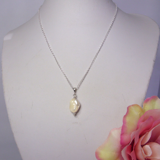 Mother of Pearl gemstone drop pendant necklace with recycled silver chain