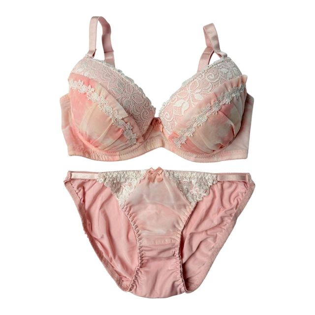 Peachy Pink tulle Japanese Bra + Underwear Set UK 34DD