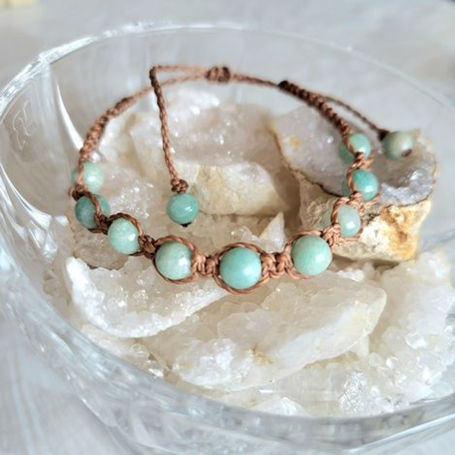 Kit Bracelet point plat amazonite (micro-macramé fil marron, pierre naturelle)