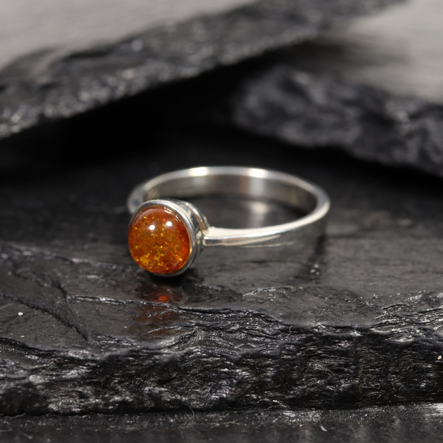 Sterling Silver 925 Minimalist Design Style Small Round Cabochon Cut Orange Baltic Amber Birthstone Gemstone Band Ring Size N - 6 1/2
