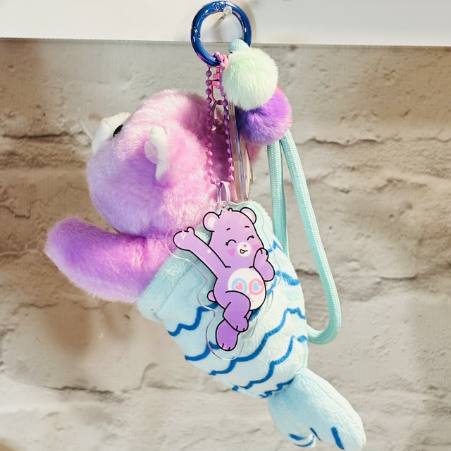 Rare Care Bear Mermaid plush! Pendant keychain with coordinating acrylic charms/pom Poms!