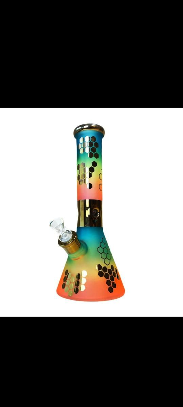Rainbow Bee Hexagon Triple Thick Glass Bong 32cm

