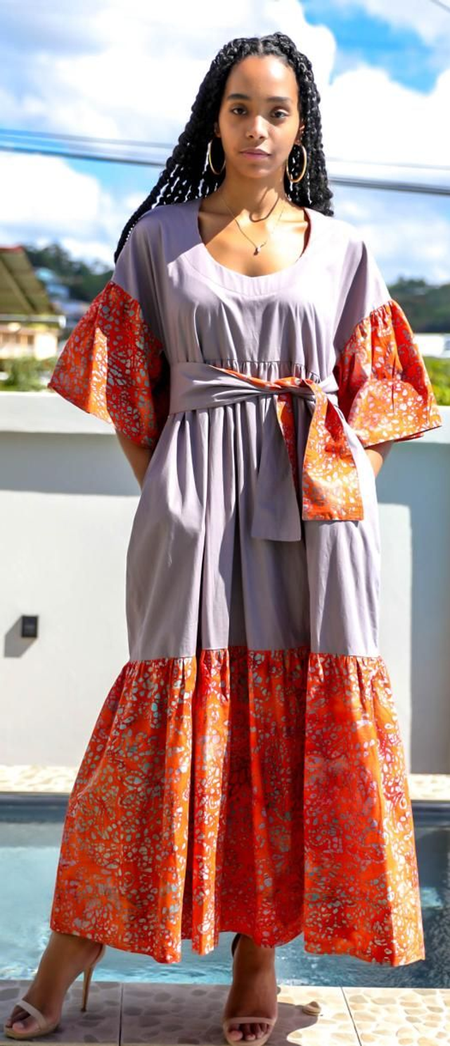 Robe bi-matière bicolore coton gris et orange imprimé 