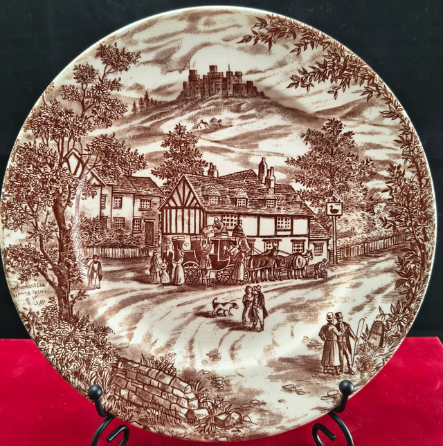 Broadhurst | Dinerbord Plat bord (diameter 25,0 cm | hoogte 2,5 cm) 'Swann Inn' motief in bruine kleur | Vintage