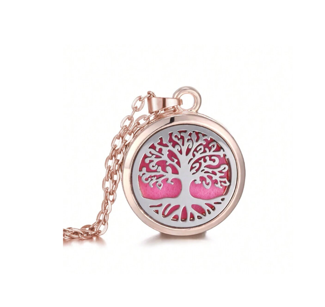 Collier diffuseur d'huiles essentielles avec chaîne rosé " Arbre de vie "