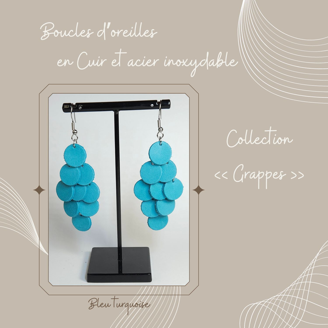 Boucles d&#039;oreilles Grappe en cuir - Turquoise