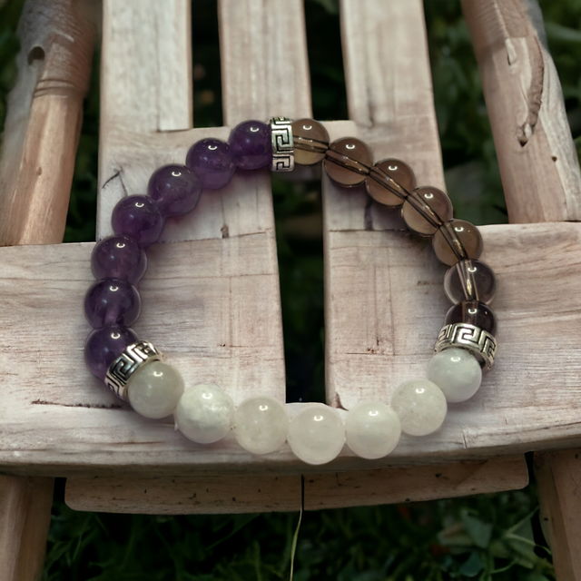 Addiction/Alcool et Tabac/ Apaise le mental/Bracelet en Quartz fumé, Pierre de Lune et Améthyste / 8mm