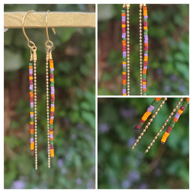 Boucles d&#039;oreilles longues multicolore perles de verre miyuki et chaîne en acier inoxydable doré -sans nickel pièce unique 