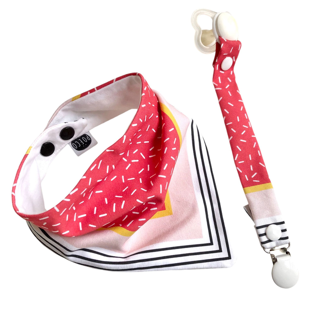 Coffret bavoir bandana + attache tétine - rouge et rose