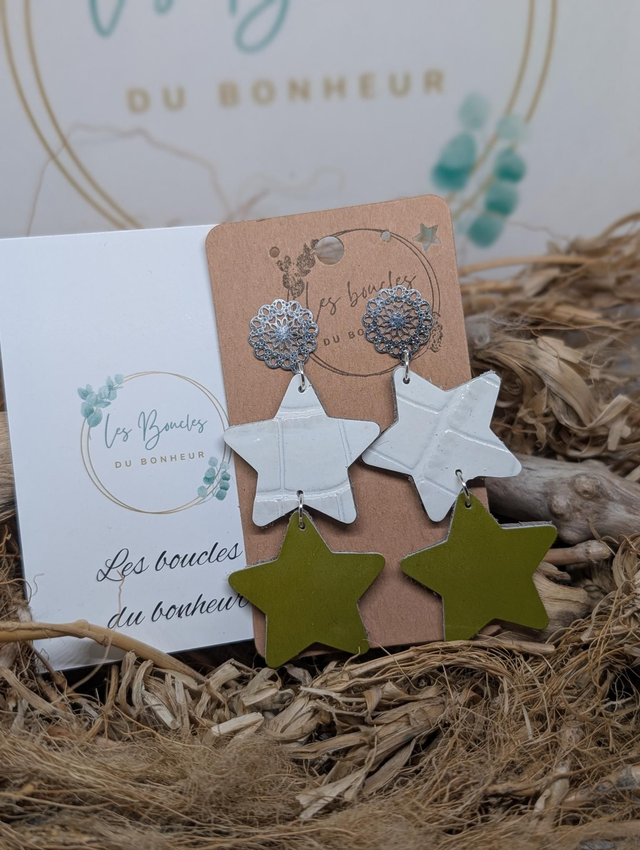 Boucles d&#039;oreilles Double star blanc vert ds032