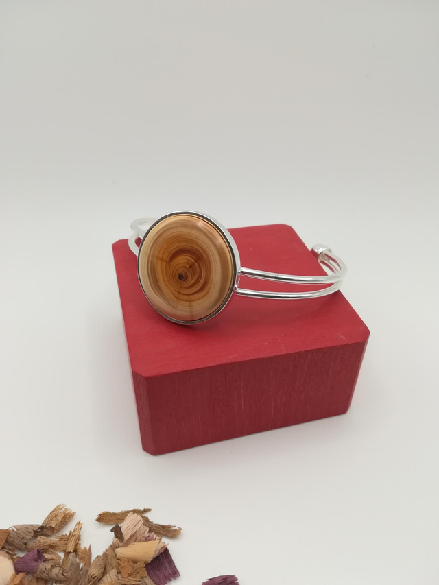 Bracelet jonc argenté réglable en bois d'if