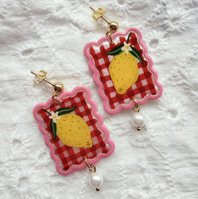Red Gingham Lemon Pearl Drop Earrings