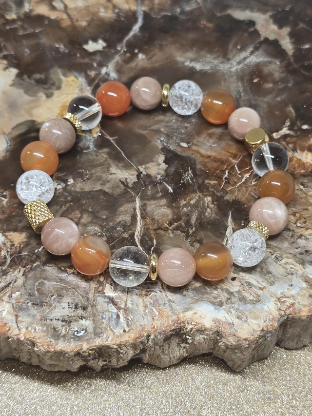 Bracelet Cornaline, Pierre de lune, Cristal de roche en 1 cm