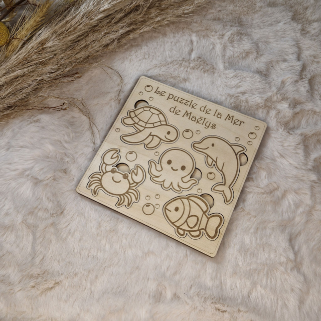 Puzzle bois personnalisé Animaux de la mer pour enfant bébé, jeu éducatif et d&#039;éveil - Idée cadeau garçon et fille