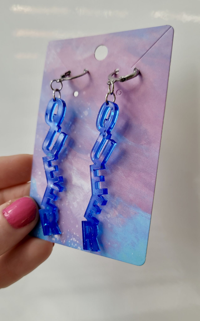 Earrings- Dark Blue Glitter QUEER Earrings | Stainless Steel Leverback Hoops