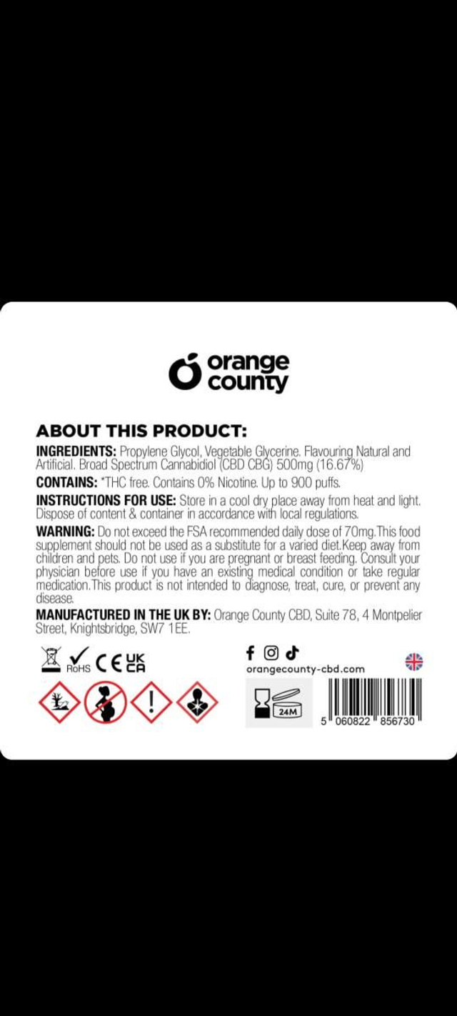 Orange County CBD 3ml Disposable Vape Pen 250 CBD + 250mg CBG Sour Apple