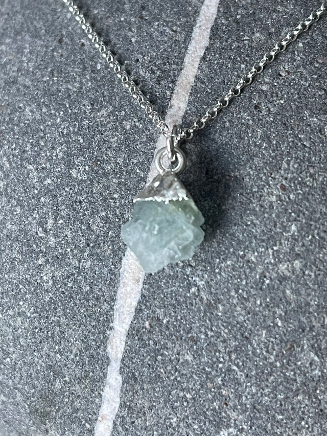 March - Aquamarine birthstone necklace - raw &amp; topped with sterling silver