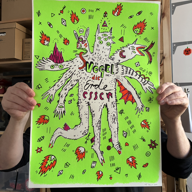 Bandposter "Vögel die Erde Essen" neon