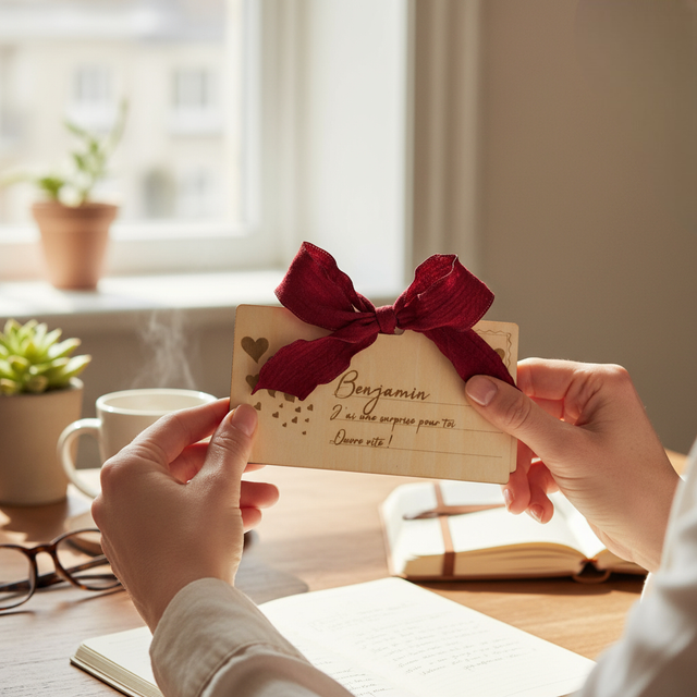 Carte cadeau enveloppe surprise annonce grossesse Landau, en bois gravé